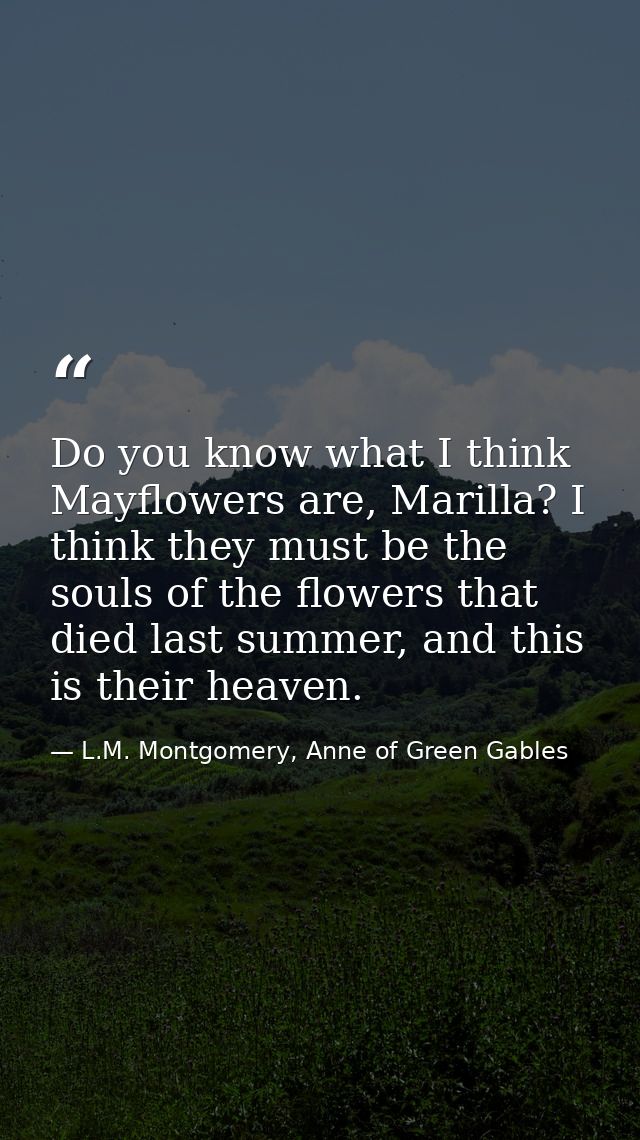 Do you know what I think Mayflowers are, Marilla? I think they must be the souls of the flowers that died last summer, a — L.M. Montgomery, Anne of Green Gables