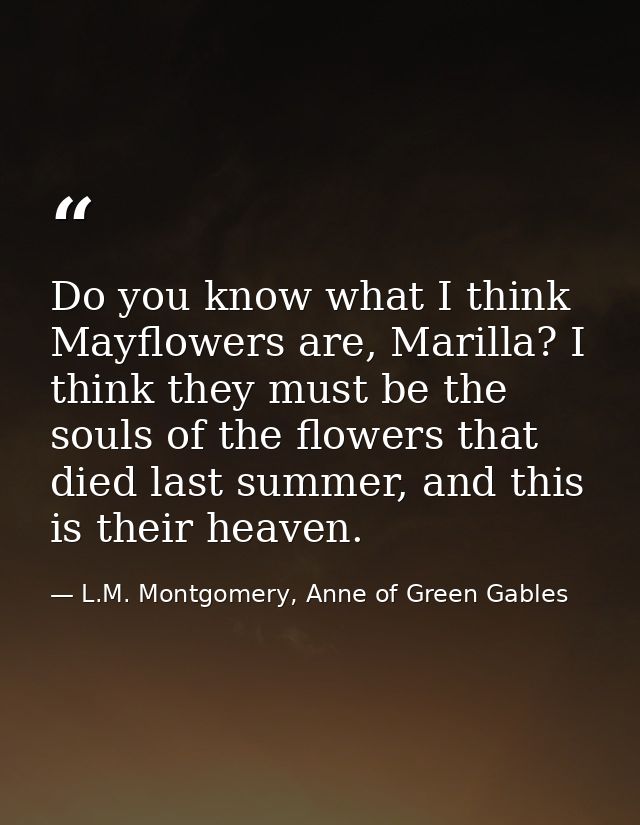 Do you know what I think Mayflowers are, Marilla? I think they must be the souls of the flowers that died last summer, a — L.M. Montgomery, Anne of Green Gables