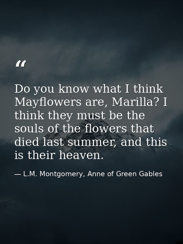 Do you know what I think Mayflowers are, Marilla? I think they must be the souls of the flowers that died last summer, a — L.M. Montgomery, Anne of Green Gables