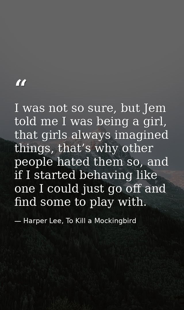 I was not so sure, but Jem told me I was being a girl, that girls always imagined things, that’s why other people hated  — Harper Lee, To Kill a Mockingbird