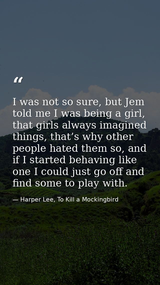 I was not so sure, but Jem told me I was being a girl, that girls always imagined things, that’s why other people hated  — Harper Lee, To Kill a Mockingbird
