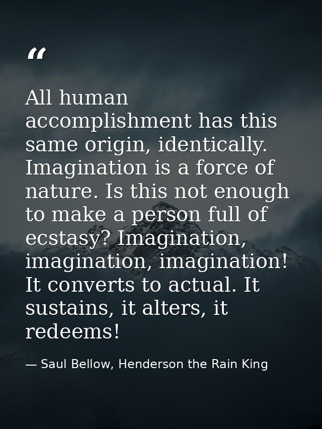 All human accomplishment has this same origin, identically. Imagination is a force of nature. Is this not enough to make — Saul Bellow, Henderson the Rain King
