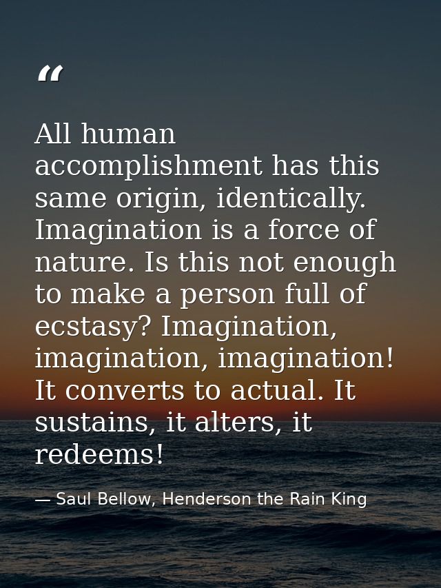 All human accomplishment has this same origin, identically. Imagination is a force of nature. Is this not enough to make — Saul Bellow, Henderson the Rain King