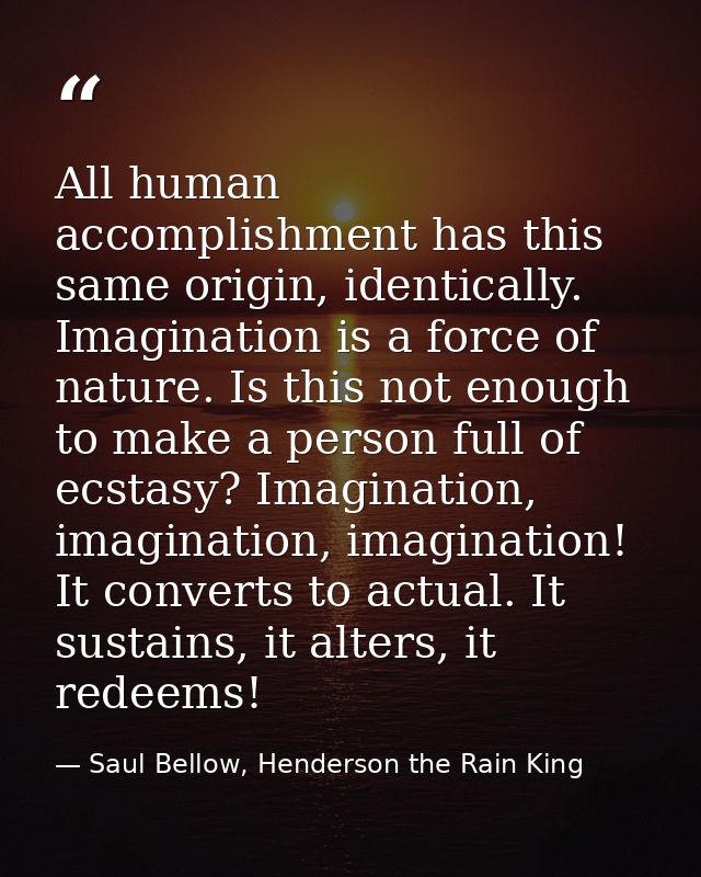 All human accomplishment has this same origin, identically. Imagination is a force of nature. Is this not enough to make — Saul Bellow, Henderson the Rain King