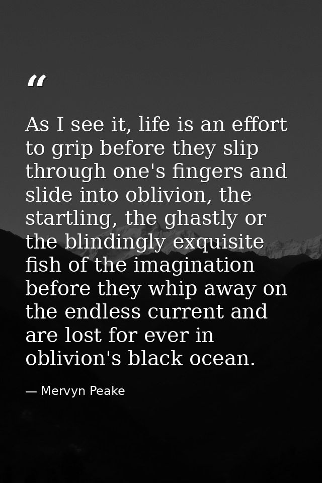 As I see it, life is an effort to grip before they slip through one's fingers and slide into oblivion, the startling, th — Mervyn Peake