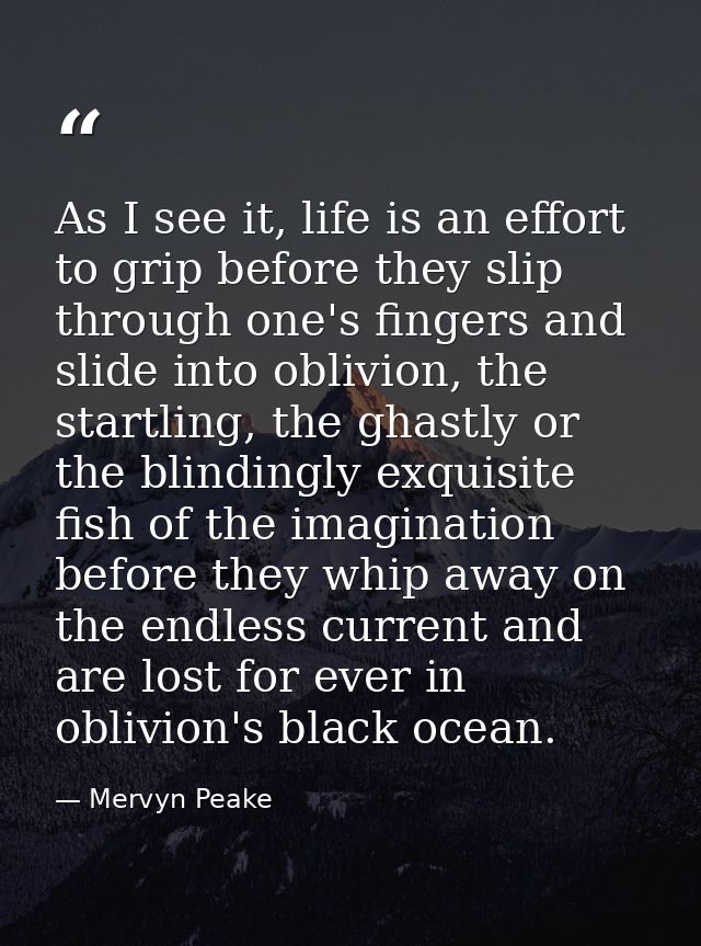 As I see it, life is an effort to grip before they slip through one's fingers and slide into oblivion, the startling, th — Mervyn Peake