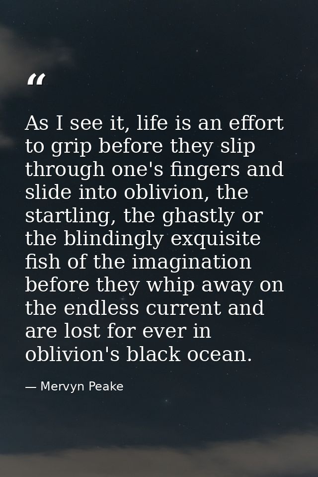 As I see it, life is an effort to grip before they slip through one's fingers and slide into oblivion, the startling, th — Mervyn Peake