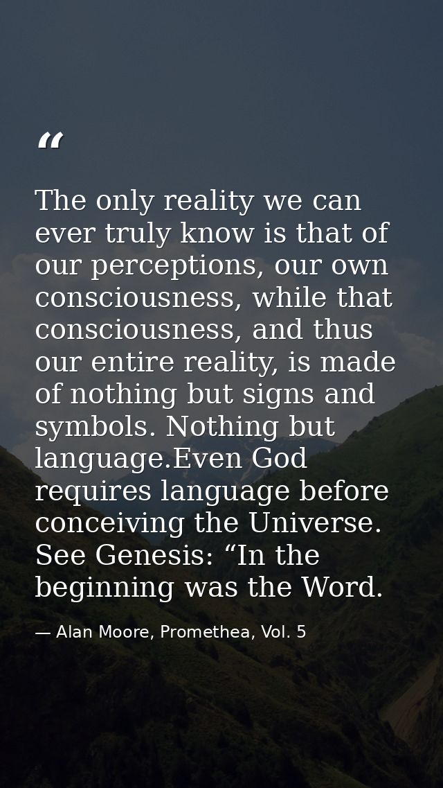 The only reality we can ever truly know is that of our perceptions, our own consciousness, while that consciousness, and — Alan Moore, Promethea, Vol. 5