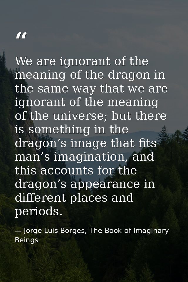 We are ignorant of the meaning of the dragon in the same way that we are ignorant of the meaning of the universe; but th — Jorge Luis Borges, The Book of Imaginary Beings