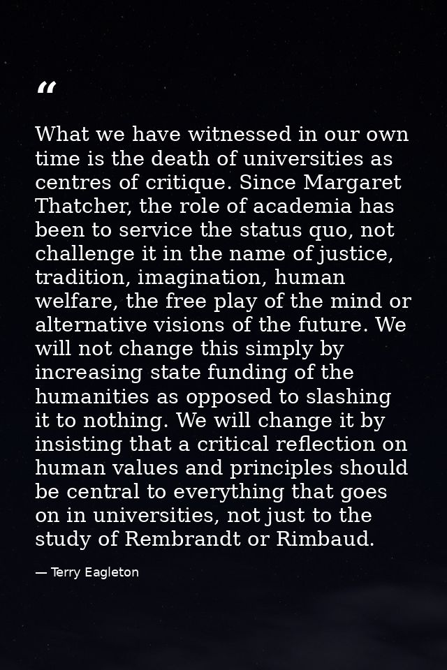 What we have witnessed in our own time is the death of universities as centres of critique. Since Margaret Thatcher, the — Terry Eagleton
