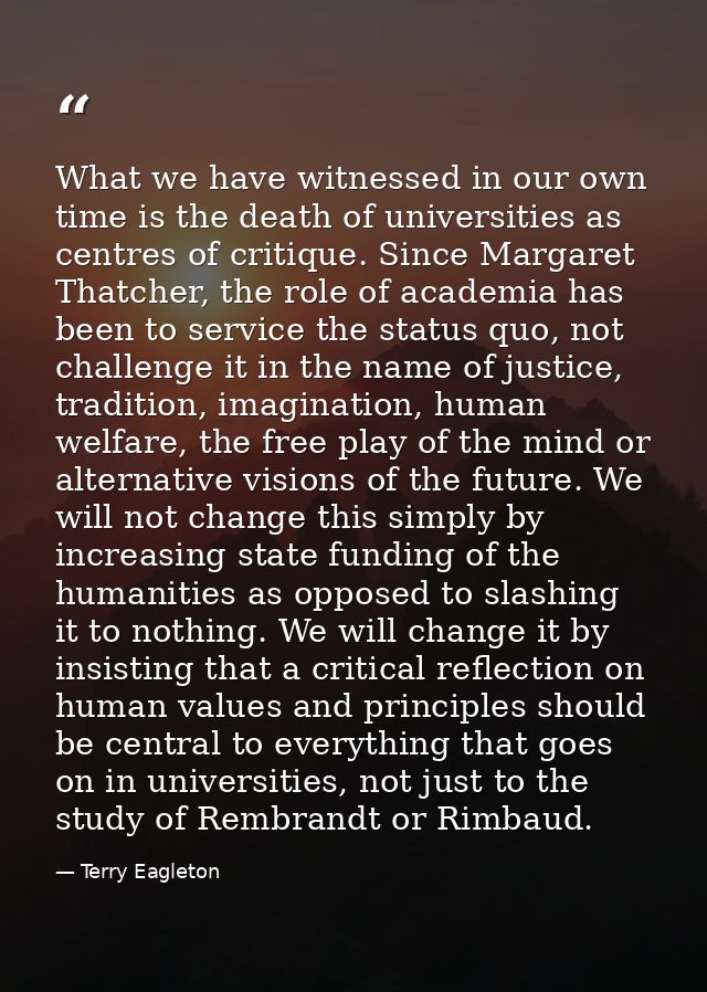 What we have witnessed in our own time is the death of universities as centres of critique. Since Margaret Thatcher, the — Terry Eagleton