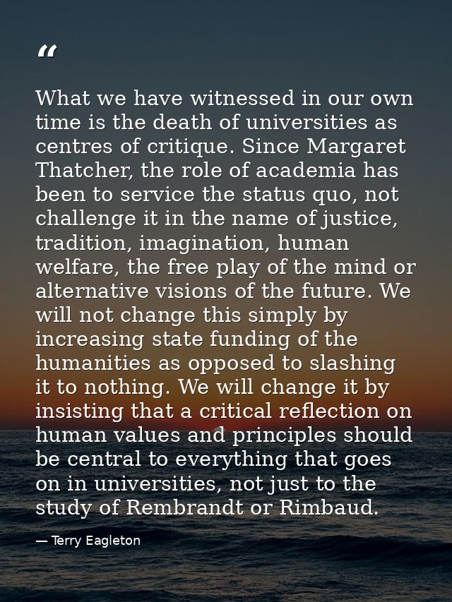 What we have witnessed in our own time is the death of universities as centres of critique. Since Margaret Thatcher, the — Terry Eagleton