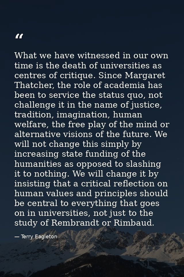 What we have witnessed in our own time is the death of universities as centres of critique. Since Margaret Thatcher, the — Terry Eagleton