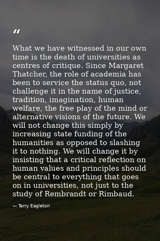 What we have witnessed in our own time is the death of universities as centres of critique. Since Margaret Thatcher, the — Terry Eagleton