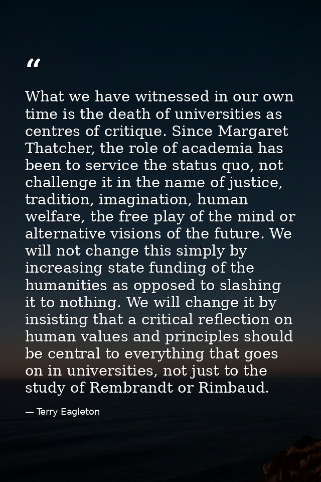 What we have witnessed in our own time is the death of universities as centres of critique. Since Margaret Thatcher, the — Terry Eagleton