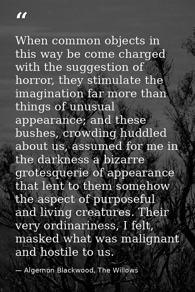When common objects in this way be come charged with the suggestion of horror, they stimulate the imagination far more t — Algernon Blackwood, The Willows