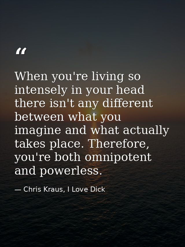 When you're living so intensely in your head there isn't any different between what you imagine and what actually takes  — Chris Kraus, I Love Dick