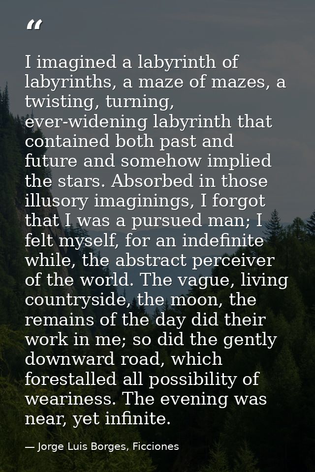I imagined a labyrinth of labyrinths, a maze of mazes, a twisting, turning, ever-widening labyrinth that contained both  — Jorge Luis Borges, Ficciones