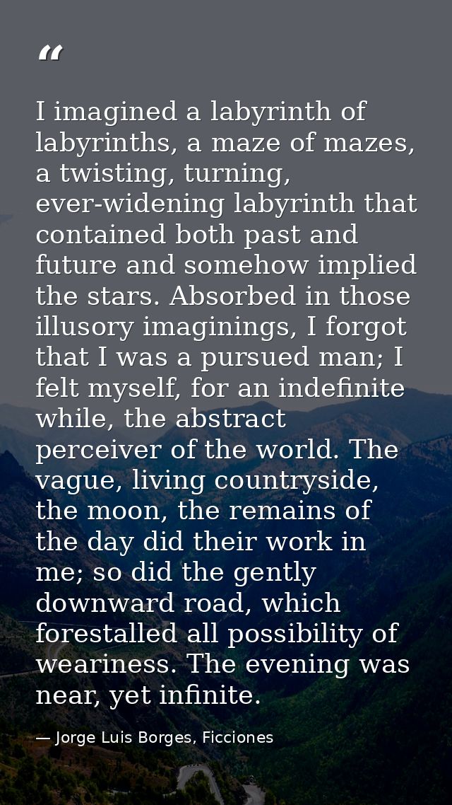 I imagined a labyrinth of labyrinths, a maze of mazes, a twisting, turning, ever-widening labyrinth that contained both  — Jorge Luis Borges, Ficciones