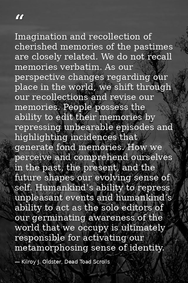 Imagination and recollection of cherished memories of the pastimes are closely related. We do not recall memories verbat — Kilroy J. Oldster, Dead Toad Scrolls