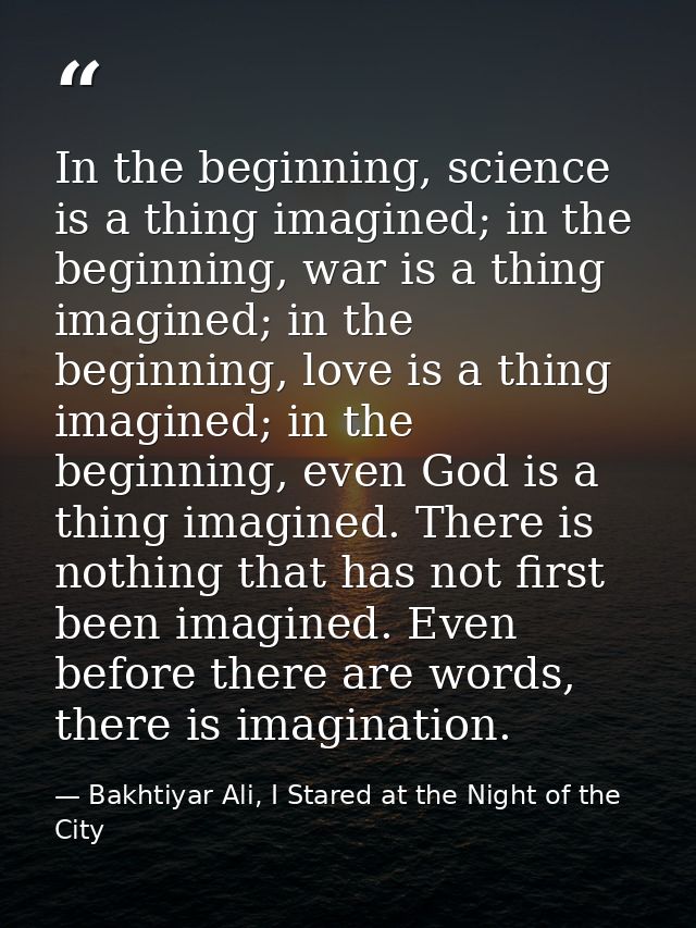 In the beginning, science is a thing imagined; in the beginning, war is a thing imagined; in the beginning, love is a th — Bakhtiyar Ali, I Stared at the Night of the City