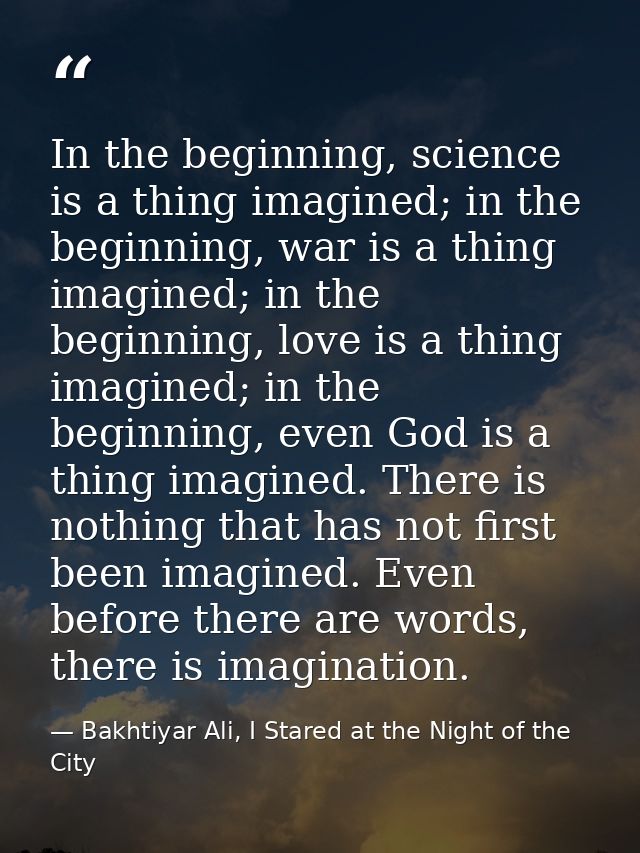 In the beginning, science is a thing imagined; in the beginning, war is a thing imagined; in the beginning, love is a th — Bakhtiyar Ali, I Stared at the Night of the City