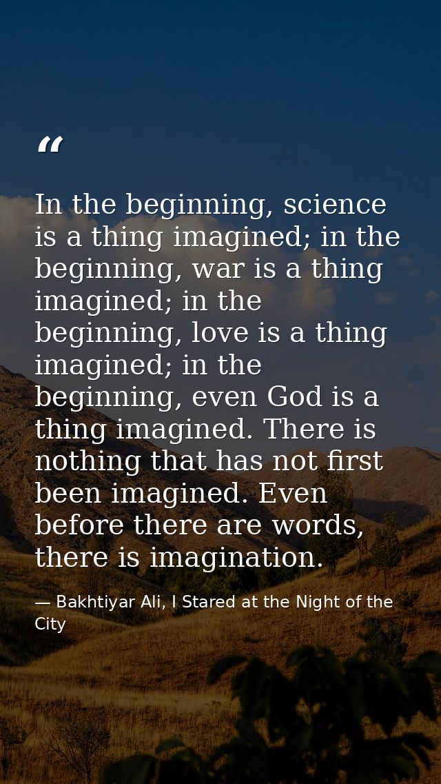 In the beginning, science is a thing imagined; in the beginning, war is a thing imagined; in the beginning, love is a th — Bakhtiyar Ali, I Stared at the Night of the City