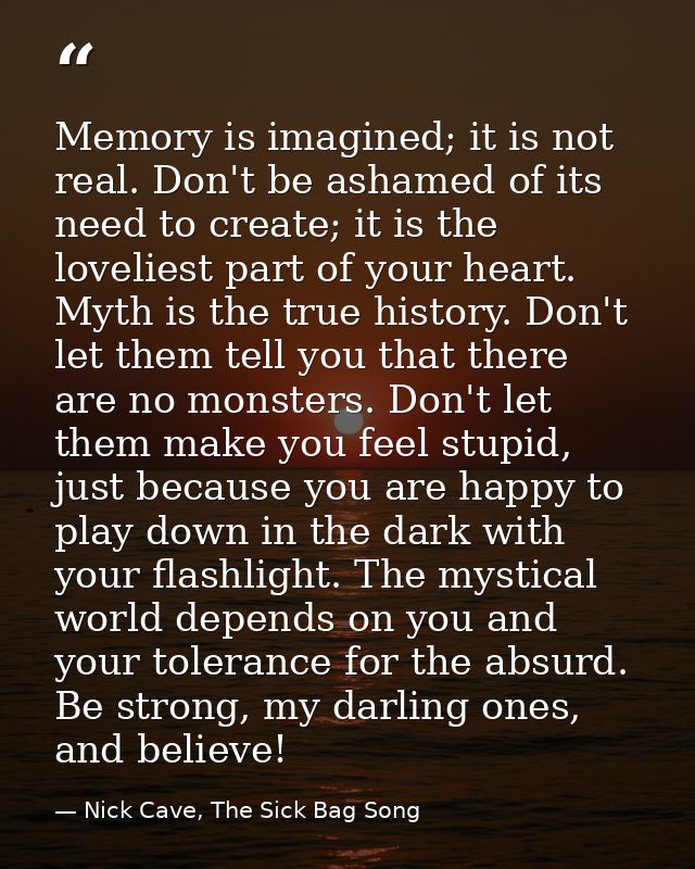 Memory is imagined; it is not real. Don't be ashamed of its need to create; it is the loveliest part of your heart. Myth — Nick Cave, The Sick Bag Song