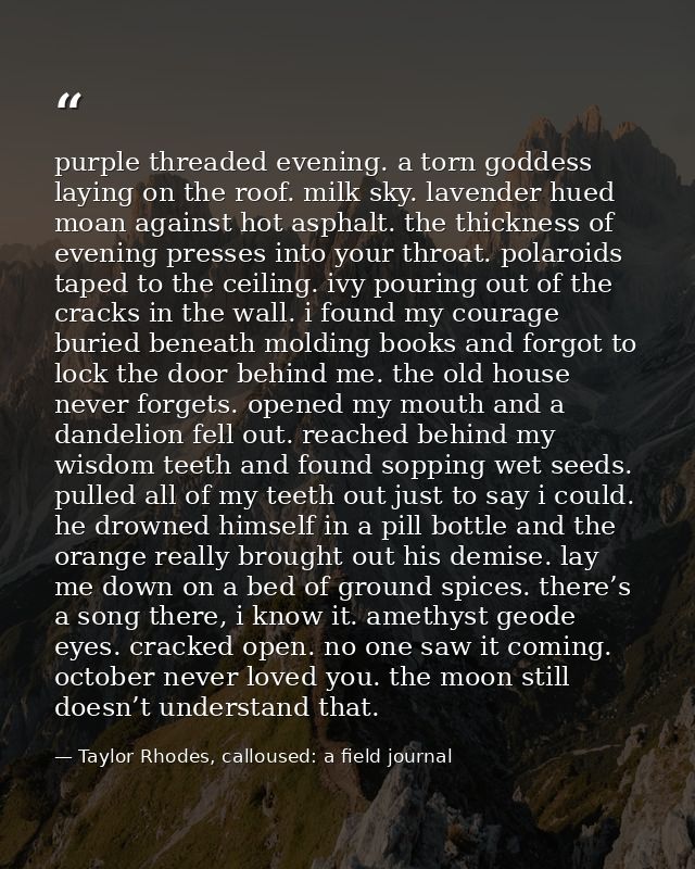 purple threaded evening. a torn goddess laying on the roof. milk sky. lavender hued moan against hot asphalt. the thickn — Taylor Rhodes, calloused: a field journal