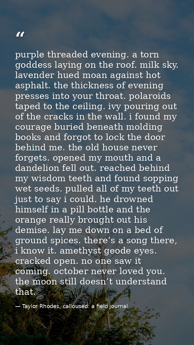 purple threaded evening. a torn goddess laying on the roof. milk sky. lavender hued moan against hot asphalt. the thickn — Taylor Rhodes, calloused: a field journal