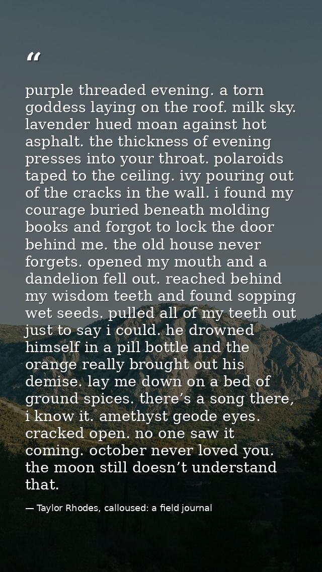 purple threaded evening. a torn goddess laying on the roof. milk sky. lavender hued moan against hot asphalt. the thickn — Taylor Rhodes, calloused: a field journal