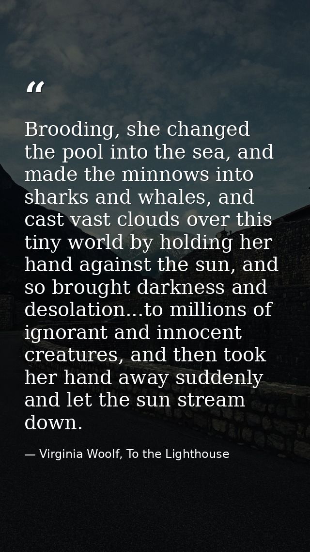 Brooding, she changed the pool into the sea, and made the minnows into sharks and whales, and cast vast clouds over this — Virginia Woolf, To the Lighthouse