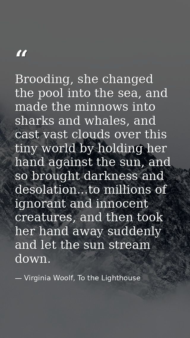 Brooding, she changed the pool into the sea, and made the minnows into sharks and whales, and cast vast clouds over this — Virginia Woolf, To the Lighthouse