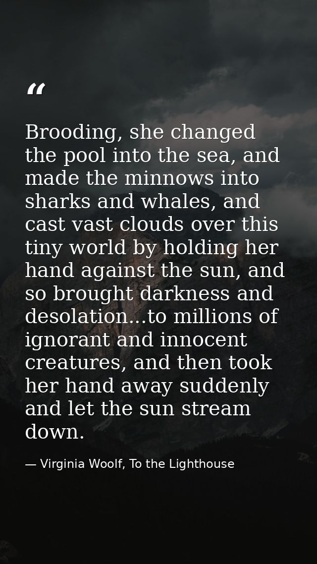 Brooding, she changed the pool into the sea, and made the minnows into sharks and whales, and cast vast clouds over this — Virginia Woolf, To the Lighthouse
