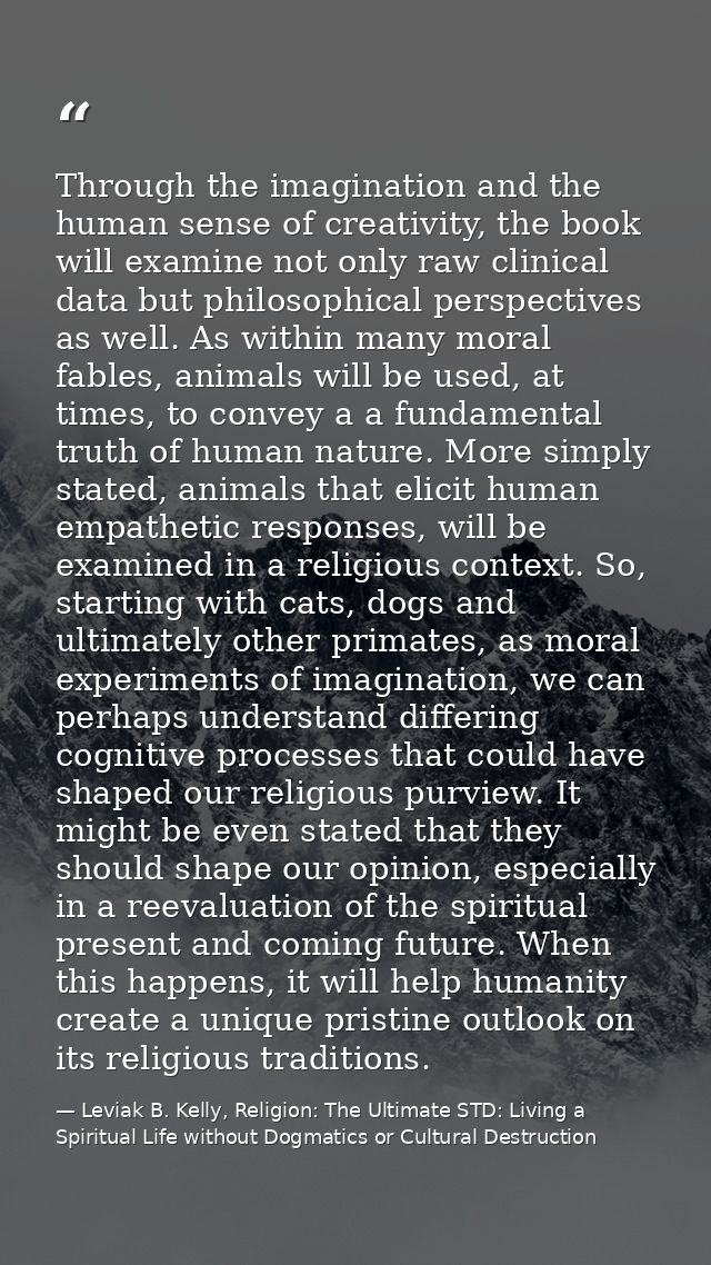 Through the imagination and the human sense of creativity, the book will examine not only raw clinical data but philosop — Leviak B. Kelly, Religion: The Ultimate STD: Living a Spiritual Life without Dogmatics or Cultural Destruction