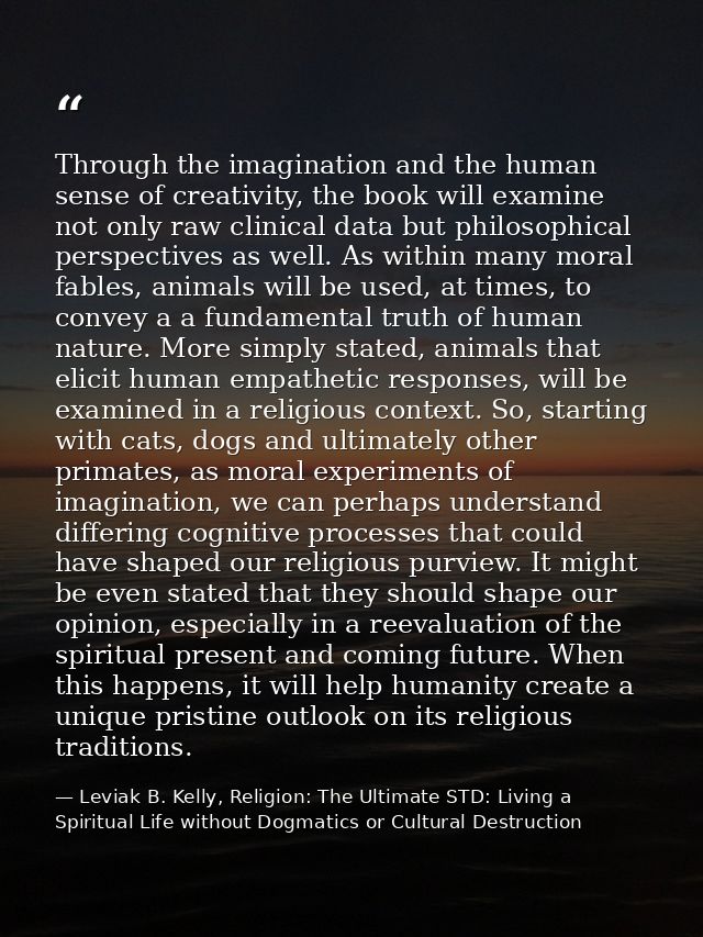 Through the imagination and the human sense of creativity, the book will examine not only raw clinical data but philosop — Leviak B. Kelly, Religion: The Ultimate STD: Living a Spiritual Life without Dogmatics or Cultural Destruction
