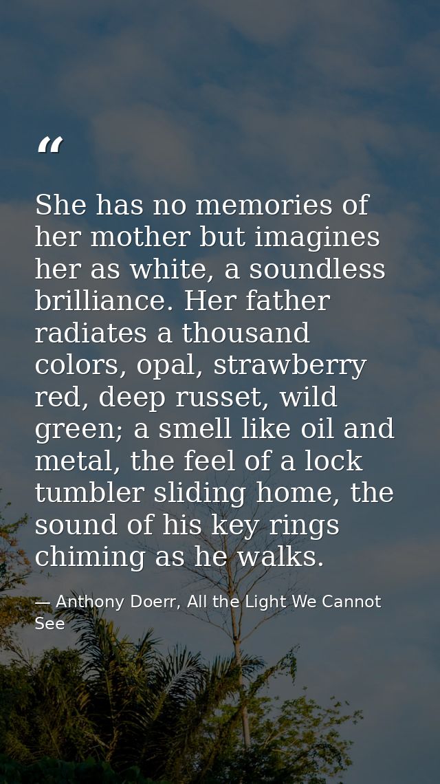 She has no memories of her mother but imagines her as white, a soundless brilliance. Her father radiates a thousand colo — Anthony Doerr, All the Light We Cannot See