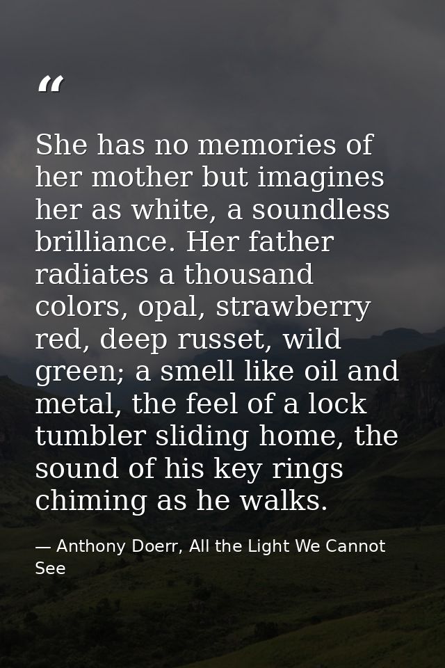 She has no memories of her mother but imagines her as white, a soundless brilliance. Her father radiates a thousand colo — Anthony Doerr, All the Light We Cannot See