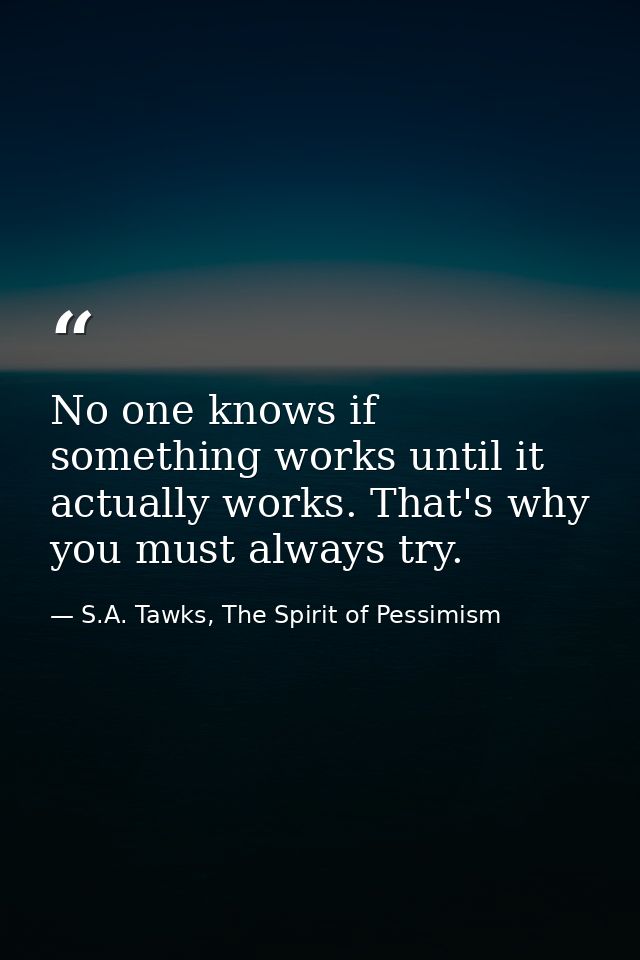 No one knows if something works until it actually works. That's why you must always try. — S.A. Tawks, The Spirit of Pessimism