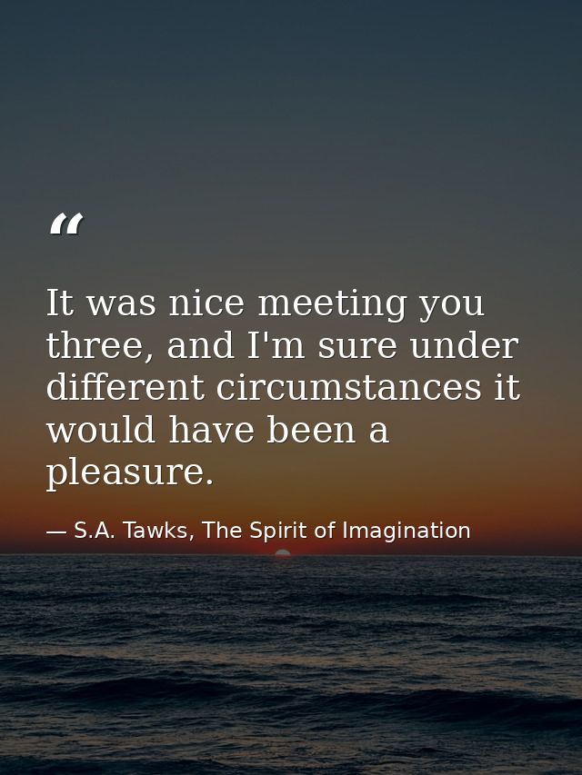 It was nice meeting you three, and I'm sure under different circumstances it would have been a pleasure. — S.A. Tawks, The Spirit of Imagination