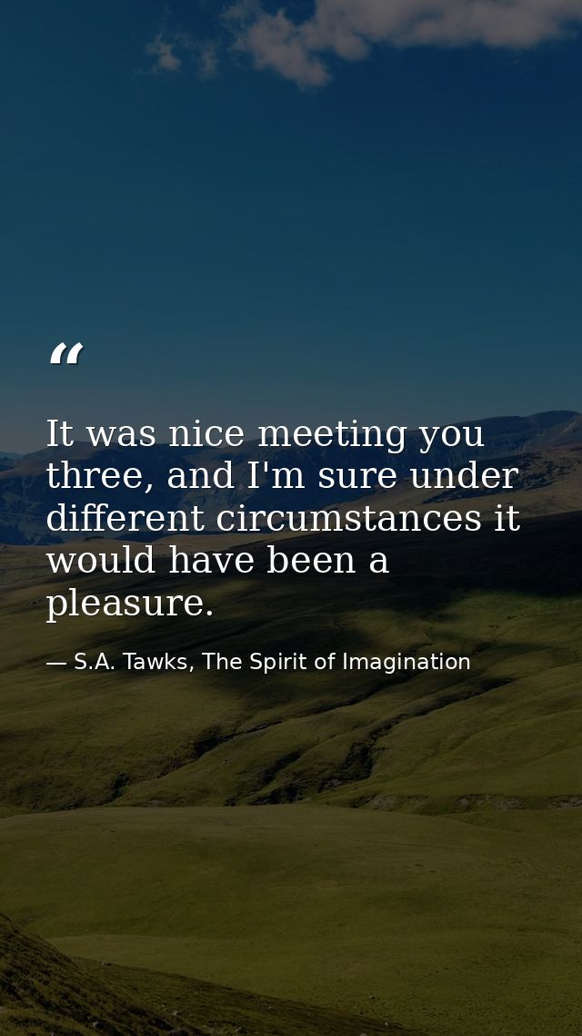 It was nice meeting you three, and I'm sure under different circumstances it would have been a pleasure. — S.A. Tawks, The Spirit of Imagination