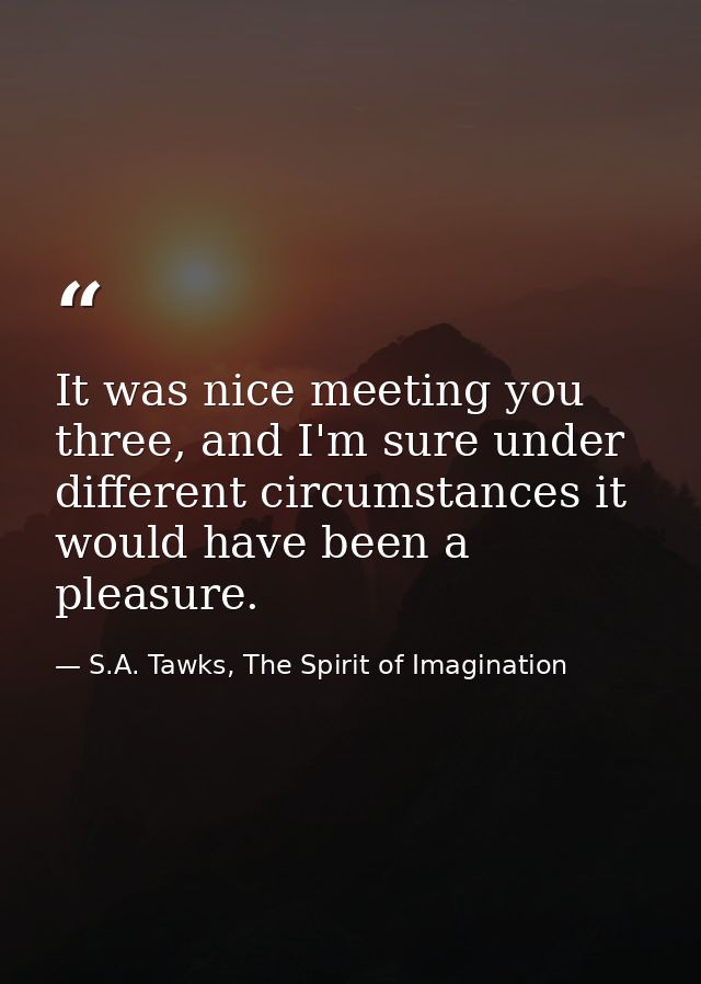 It was nice meeting you three, and I'm sure under different circumstances it would have been a pleasure. — S.A. Tawks, The Spirit of Imagination