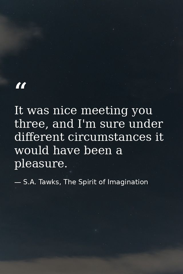 It was nice meeting you three, and I'm sure under different circumstances it would have been a pleasure. — S.A. Tawks, The Spirit of Imagination