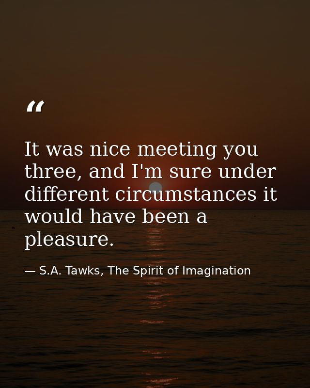 It was nice meeting you three, and I'm sure under different circumstances it would have been a pleasure. — S.A. Tawks, The Spirit of Imagination