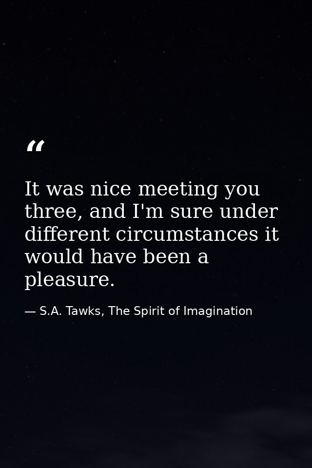 It was nice meeting you three, and I'm sure under different circumstances it would have been a pleasure. — S.A. Tawks, The Spirit of Imagination