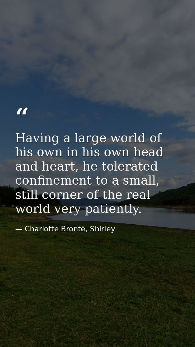 Having a large world of his own in his own head and heart, he tolerated confinement to a small, still corner of the real — Charlotte Brontë, Shirley