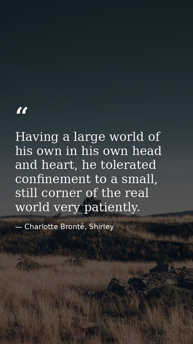 Having a large world of his own in his own head and heart, he tolerated confinement to a small, still corner of the real — Charlotte Brontë, Shirley