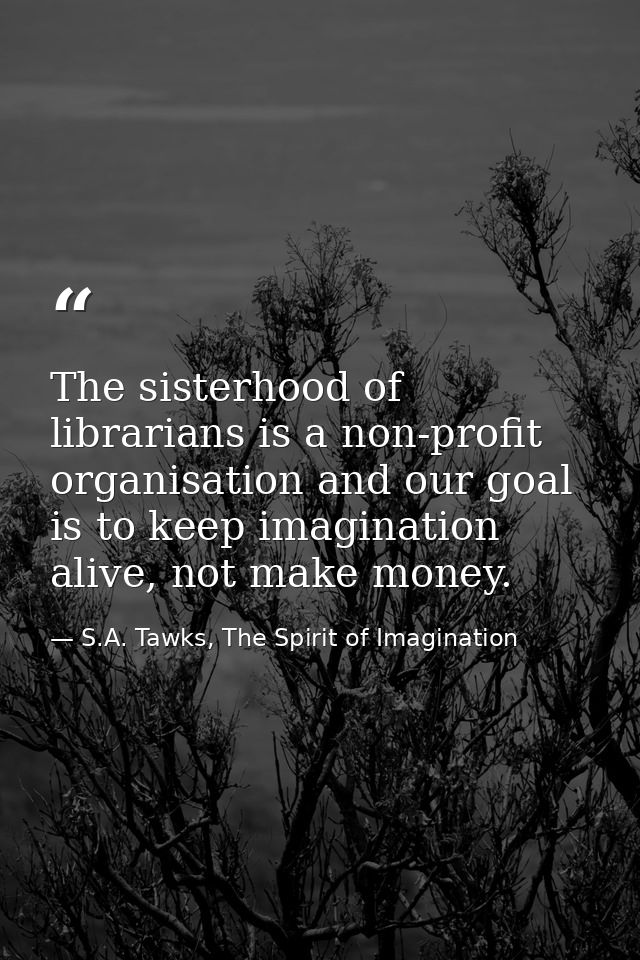The sisterhood of librarians is a non-profit organisation and our goal is to keep imagination alive, not make money. — S.A. Tawks, The Spirit of Imagination