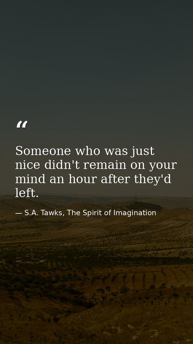 Someone who was just nice didn't remain on your mind an hour after they'd left. — S.A. Tawks, The Spirit of Imagination