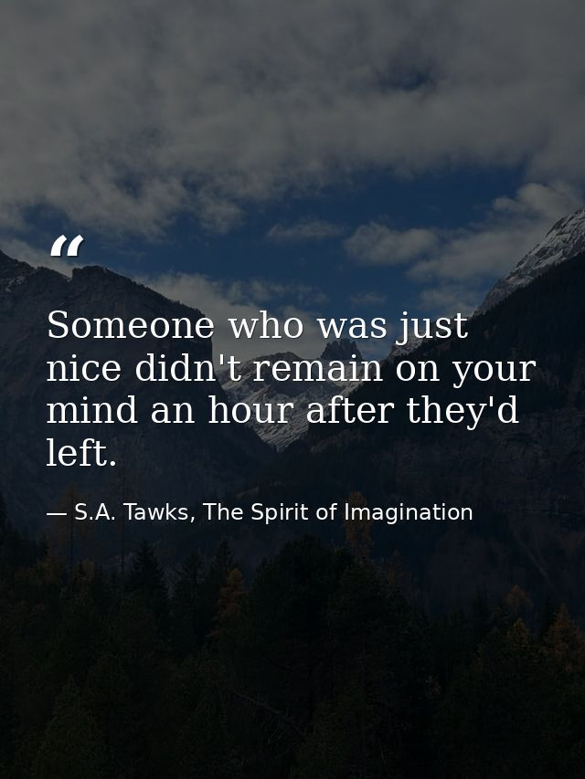 Someone who was just nice didn't remain on your mind an hour after they'd left. — S.A. Tawks, The Spirit of Imagination
